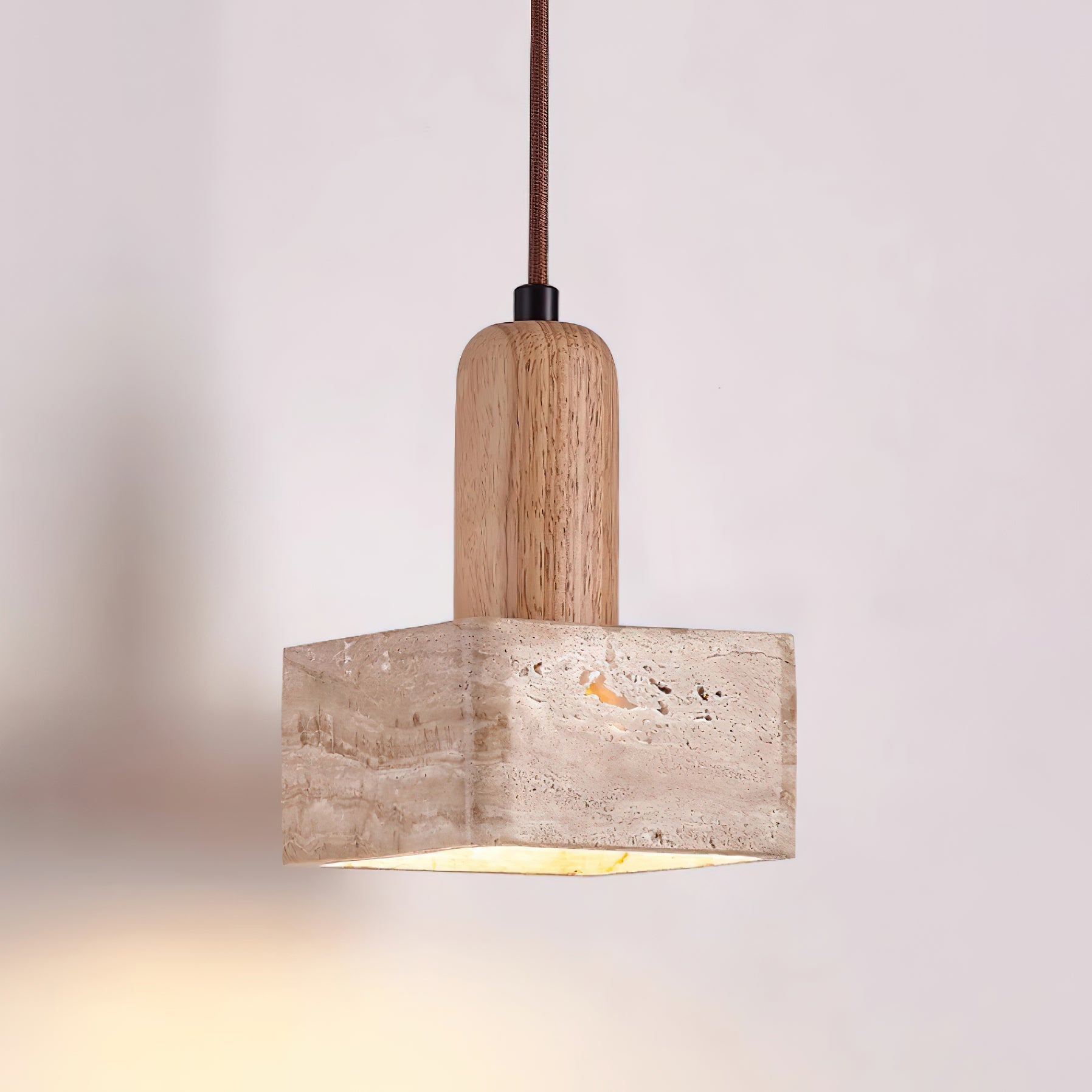 Wood and Travertine Square Pendant Light