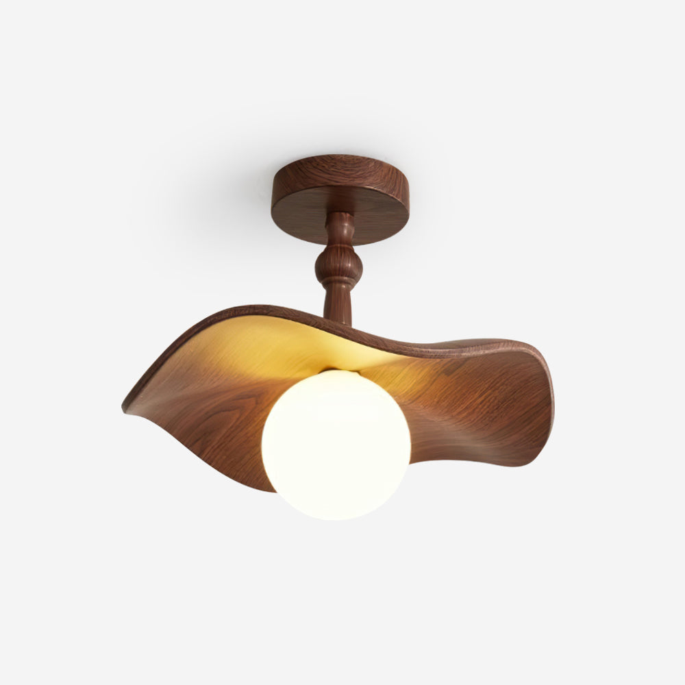 Walnut Wood Semi Flush Ceiling Light With Beige Glass Shade Dimmable