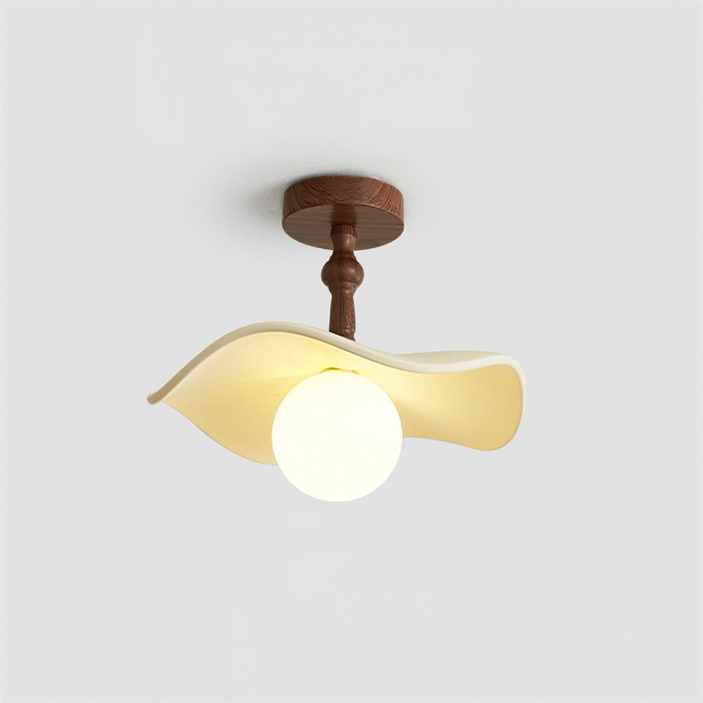 Walnut Wood Semi Flush Ceiling Light With Beige Glass Shade Dimmable