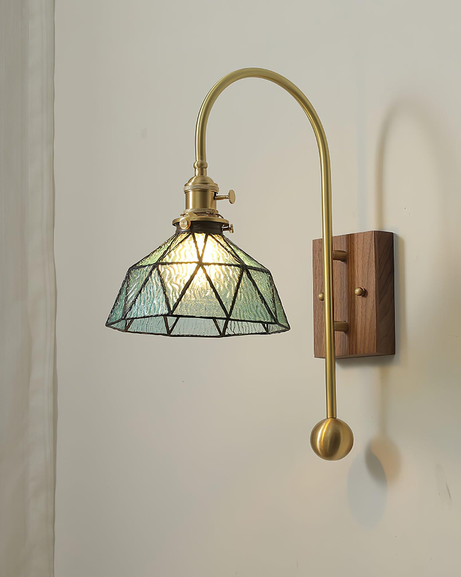Vintage Brass Wall Light With Walnut And Glass Damp Rated