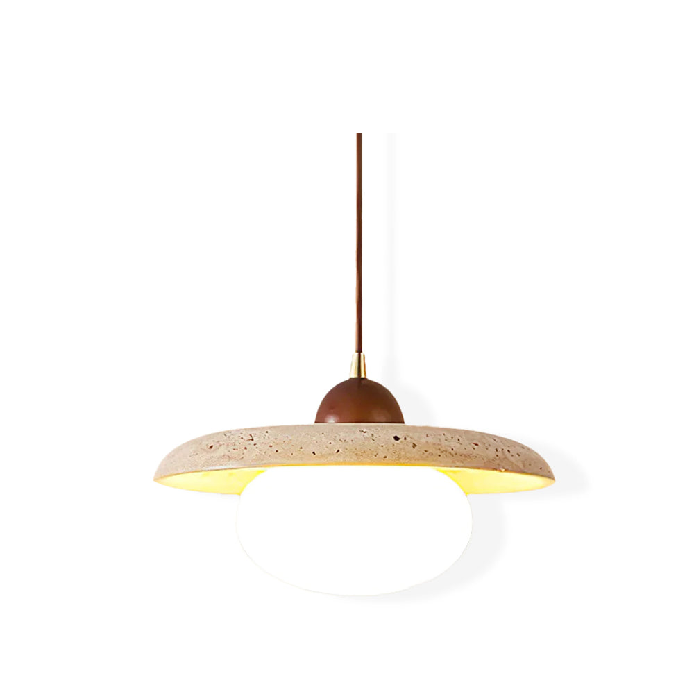 Travertine Pendant Light With Oak Accents And Warm Glow
