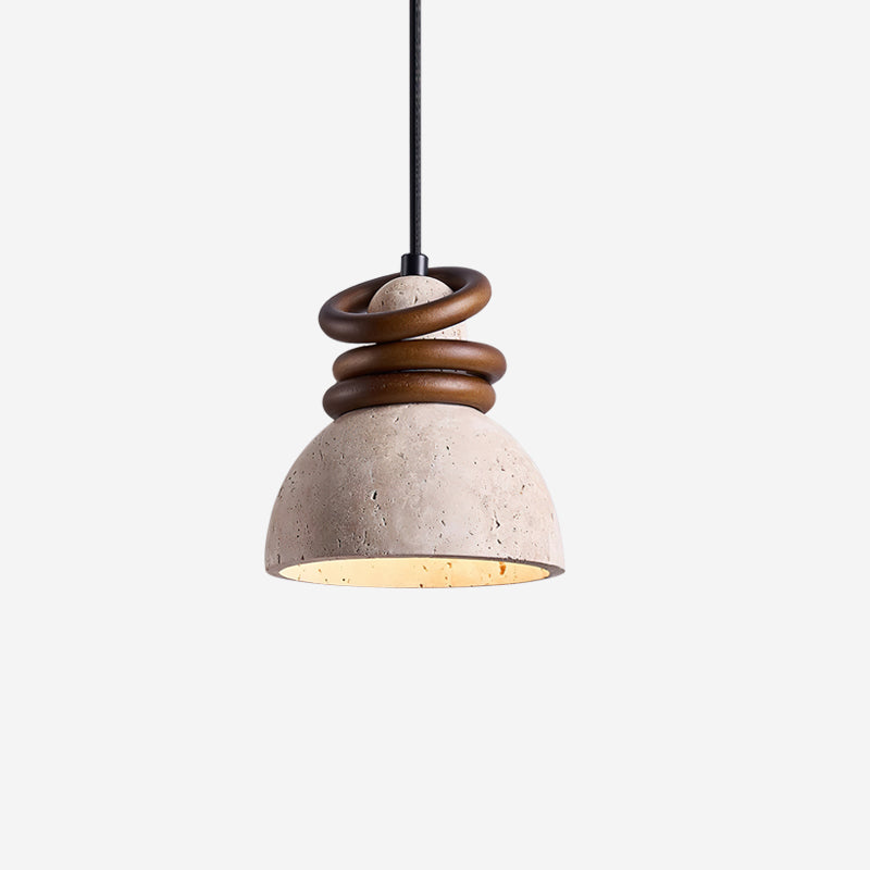 Ambient Travertine Dome Pendant Lamp With Walnut Wood Rings