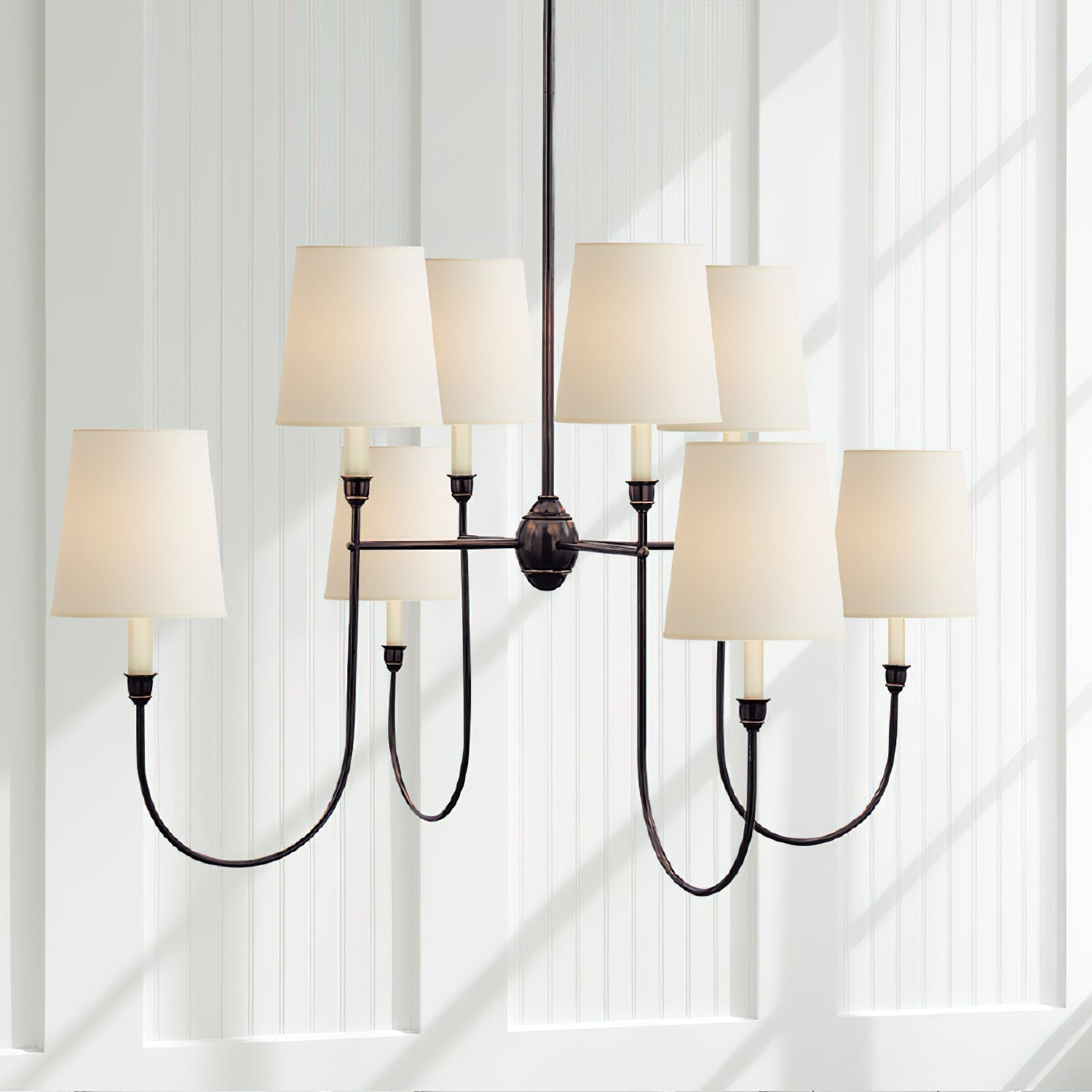 Aurora Brass Spiral Chandelier With Soft White Fabric Shades