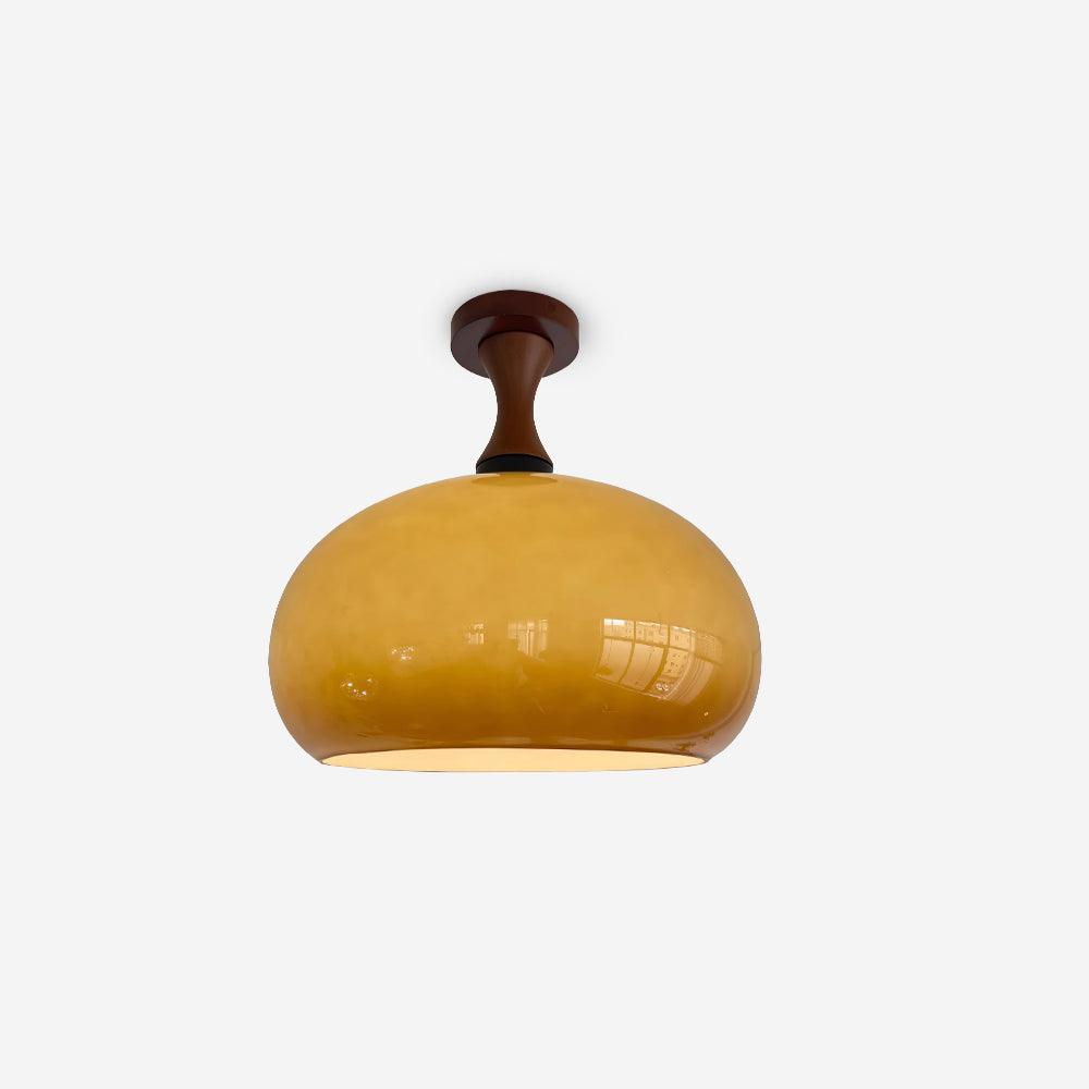 Walnut Wood And Amber Glass Damp Rated Bathroom Ceiling Light