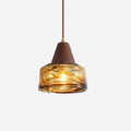 Pendant Lamp With Amber Glass Shade For Warm Glow Wood Top