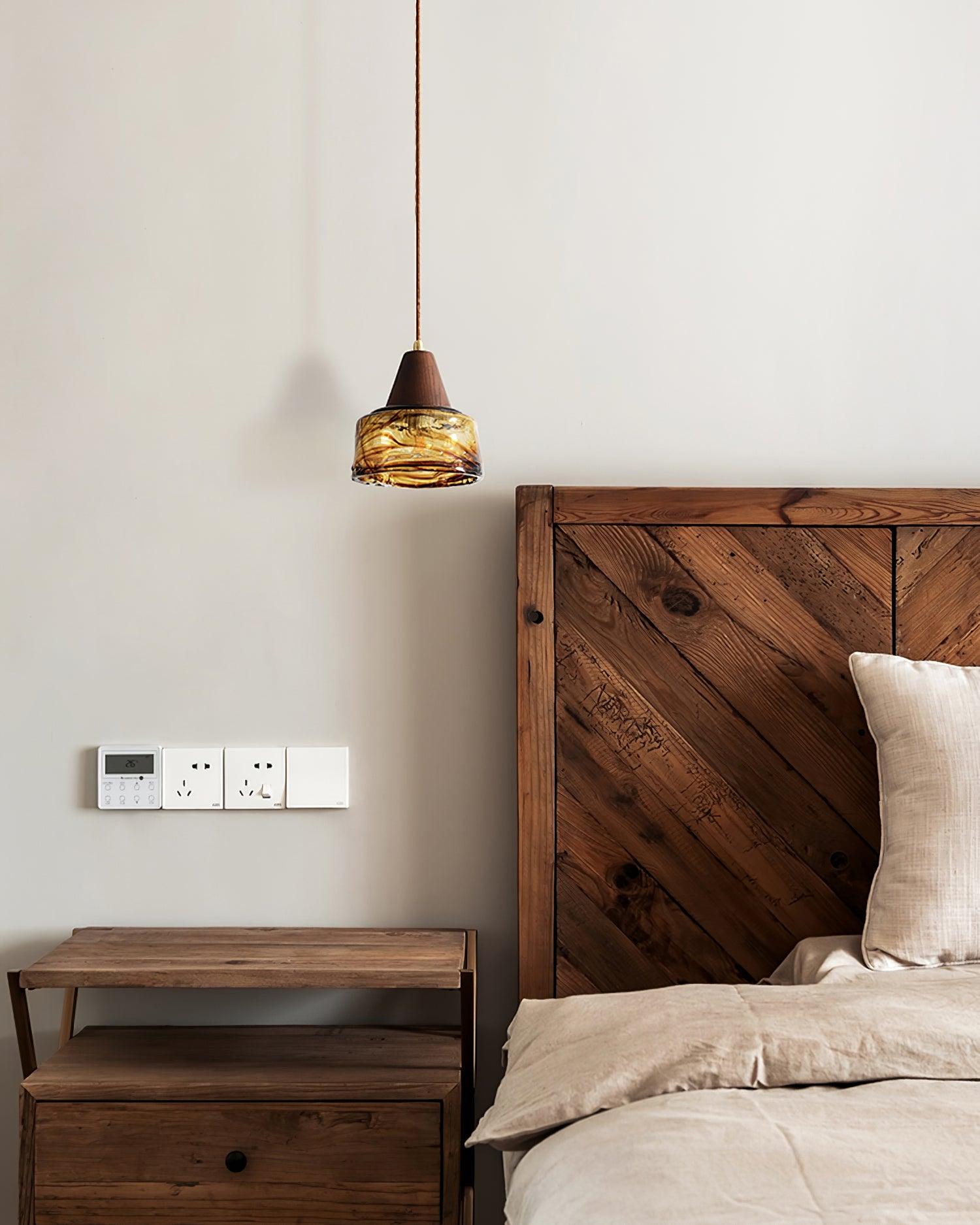 Pendant Lamp With Amber Glass Shade For Warm Glow Wood Top