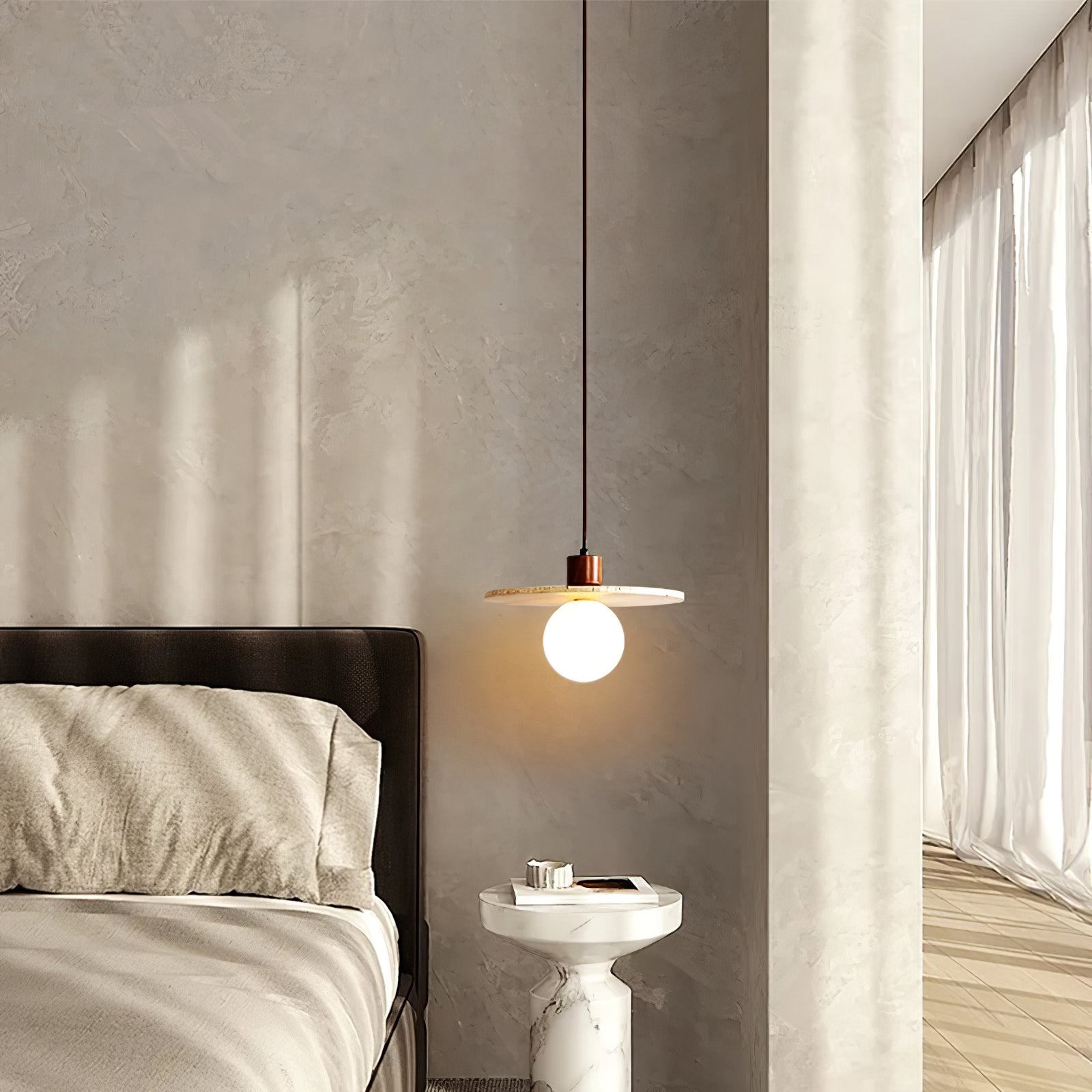 Travertine Pendant Light With Oak Accents And Warm Glow