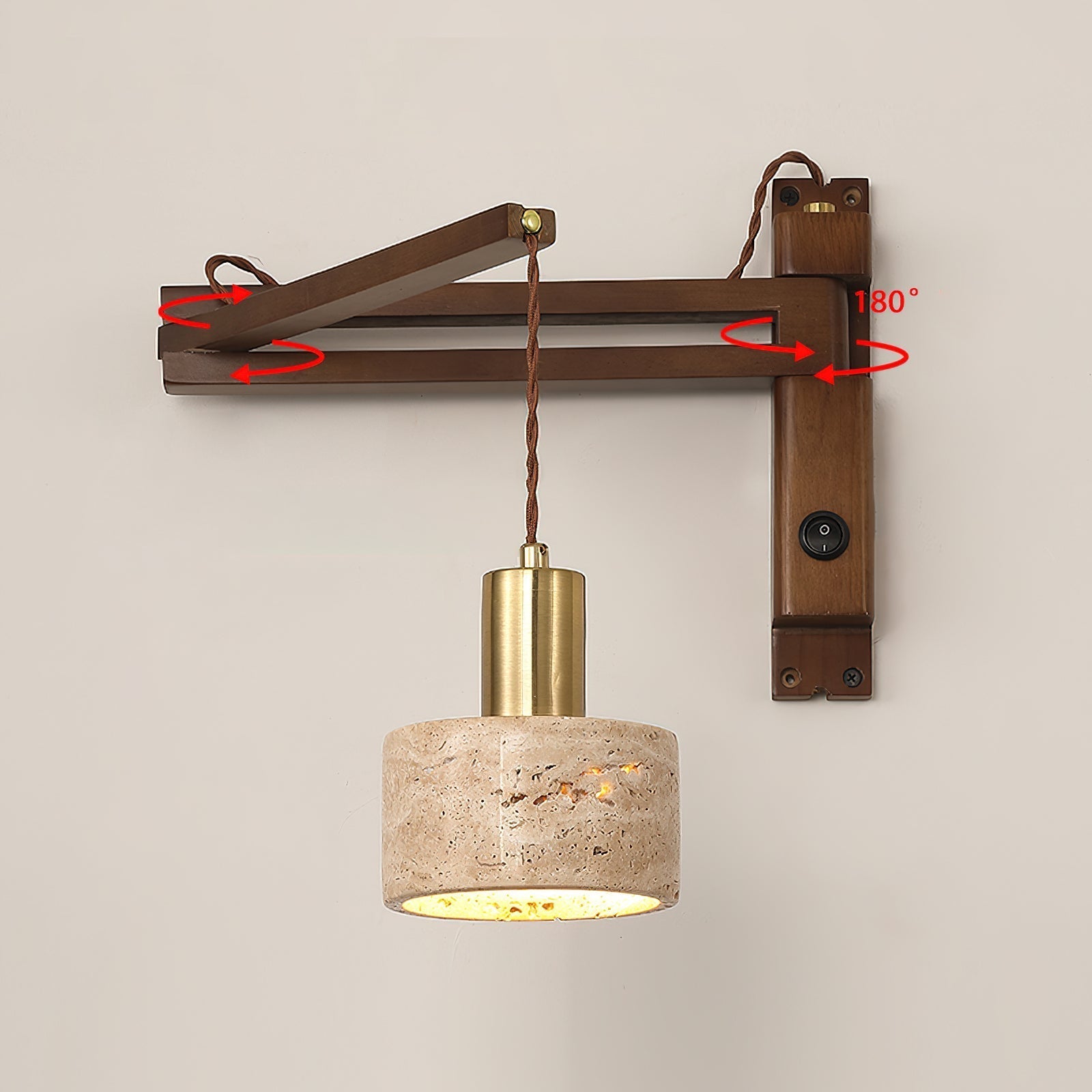 Travertine Cylinder Shade Wall Lamp With Wood And Metal Body