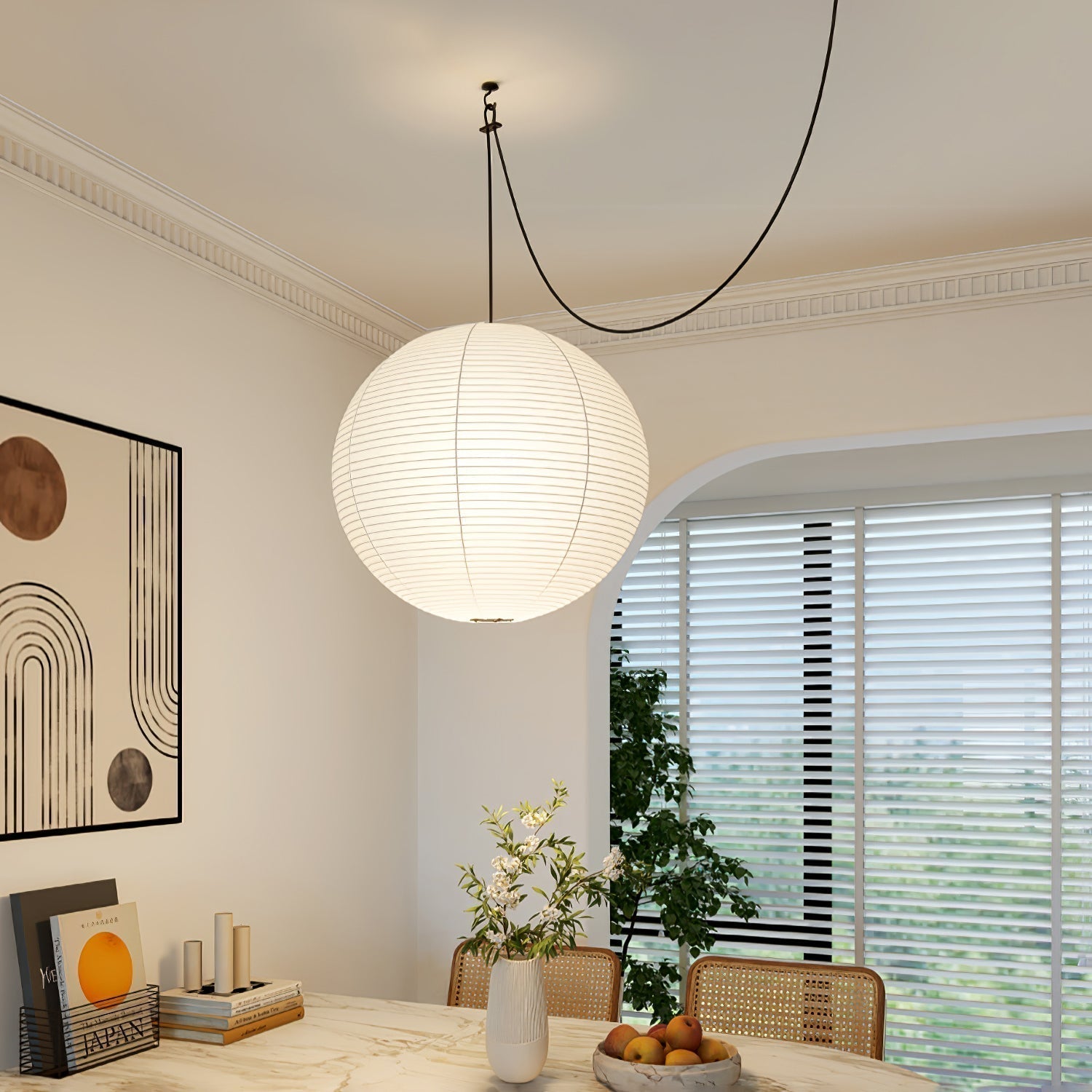 WabiSabi Paper Globe Pendant Light With Warm Glow