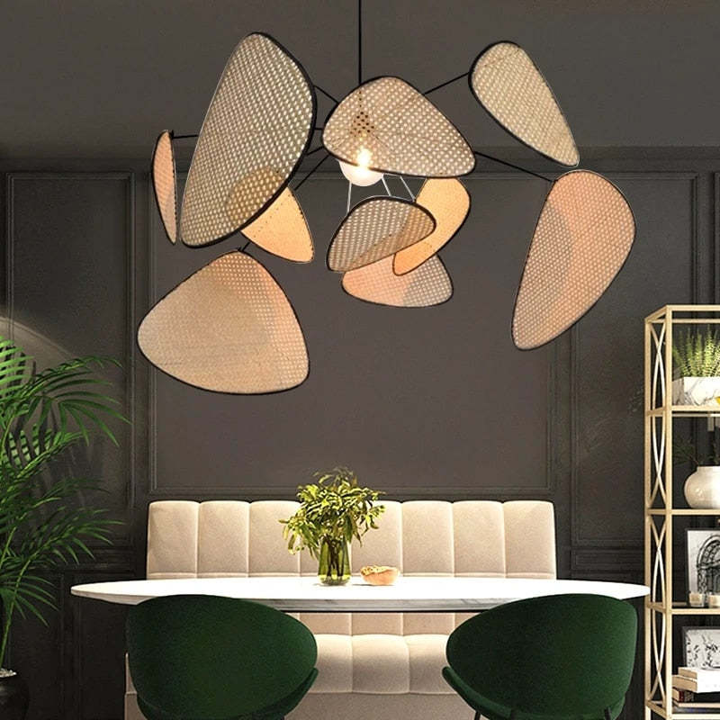 Pendant Light With Leaf Grid Design In Rattan And Metal